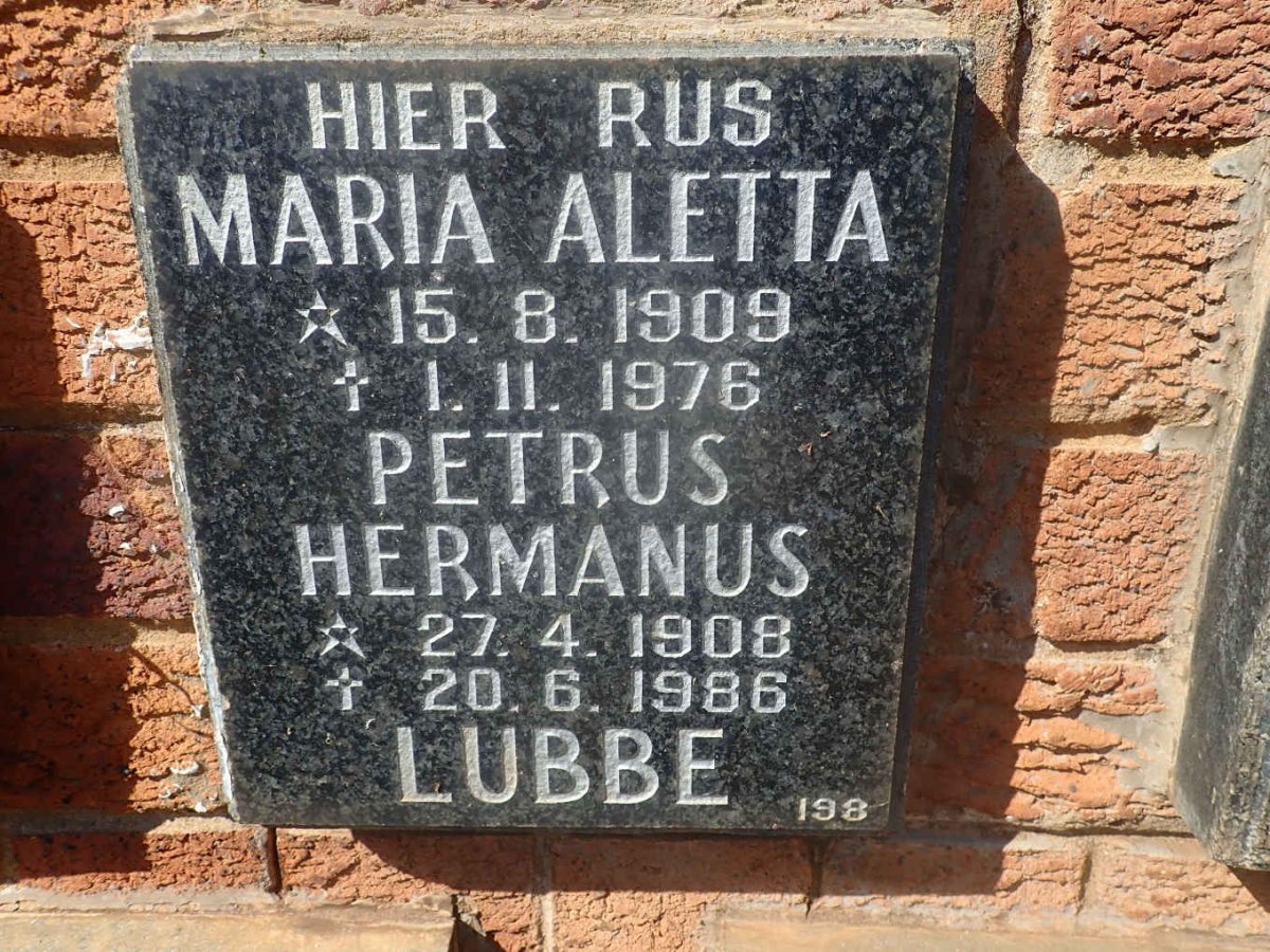 LUBBE Petrus Hermanus 1908-1986 &amp; Maria Aletta 1909-1976