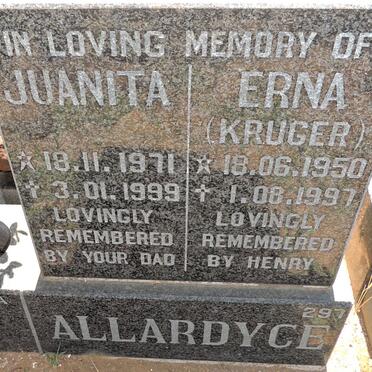 ALLARDYCE Juanita 1971-1999 :: ALLARDYCE Erna nee KRUGER 1950-1997