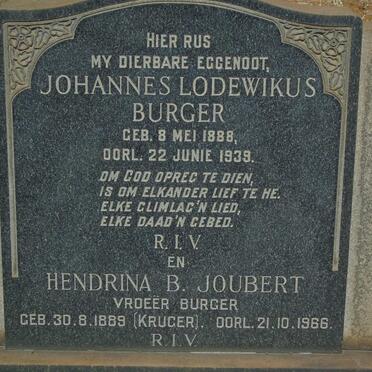 BURGER Johannes Lodewikus 1888-1939 & Hendrina B. JOUBERT nee KRUGER -1966