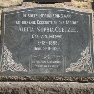 COETZEE Aletta Sophia nee V.D.MERWE 1895-1952