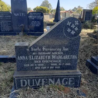 DUVENAGE Anna Elizabeth Margaretha nee GROENEWALD 1888-1965