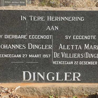 DINGLER Johannes -1957 & Aletta Maria DE VILLIERS -1988