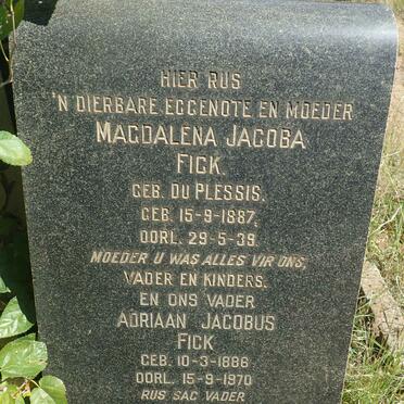 FICK Adriaan Jacobus 1886-1970 &amp; Magdalena Jacoba DU PLESSIS 1887-1939