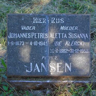 JANSEN Johannes Petrus 1873-1945 & Aletta Susanna DE KLERCK 1882-1958