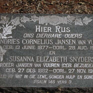 VUUREN Andries Cornelius Jansen van 1877-1954 &  Susanna Elizabeth SNYDERS voorheen JANSEN VAN VUUREN nee BEZUIDENHOUT1882-1965