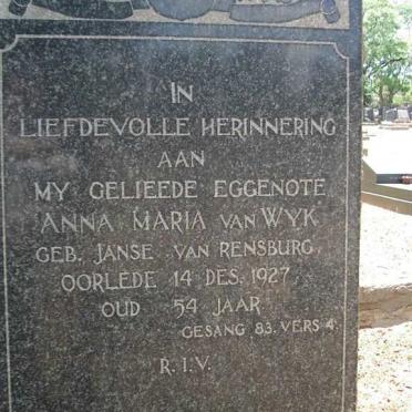 WYK Anna Maria, van neé JANSE VAN RENSBURG 1873-1927