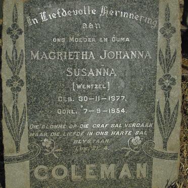COLEMAN Magrietha Johanna Susanna nee WENTZEL 1877-1954