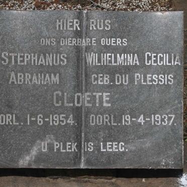 CLOETE Stephanus Abraham -1954 & Wilhelmina Cecilia DU PLESSIS -1937