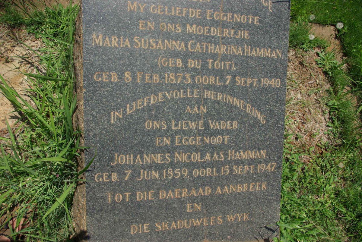 HAMMAN Johannes Nicolaas 1859-1947 &amp; Maria Susanna Catharina DU TOIT 1873-1940