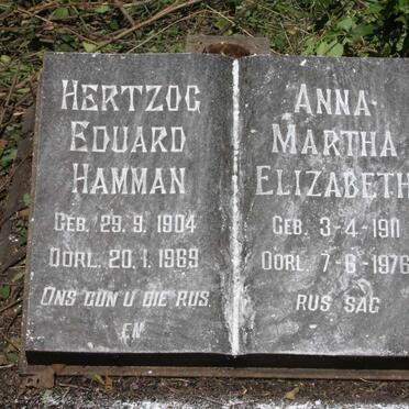 HAMMAN Hertzog Eduard 1904-1969 &amp; Anna Martha Elizabeth 1911-1976