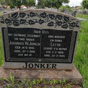 JONKER Johannes W. 1893-1959 &amp; Lettie V.D. MERWE 1906-1985