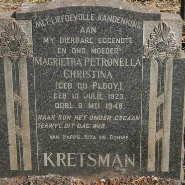KRETSMAN Magrietha Petronella Christina nee DU PLOOY 1923-1948