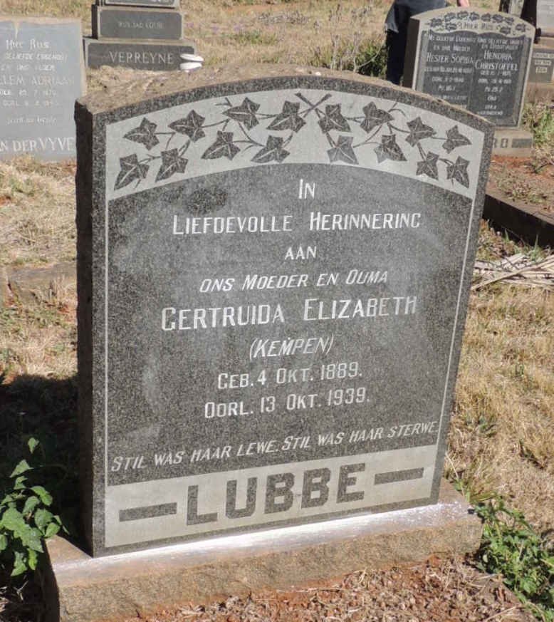 LUBBE Gertruida Elizabeth nee KEMPEN 1889-1939