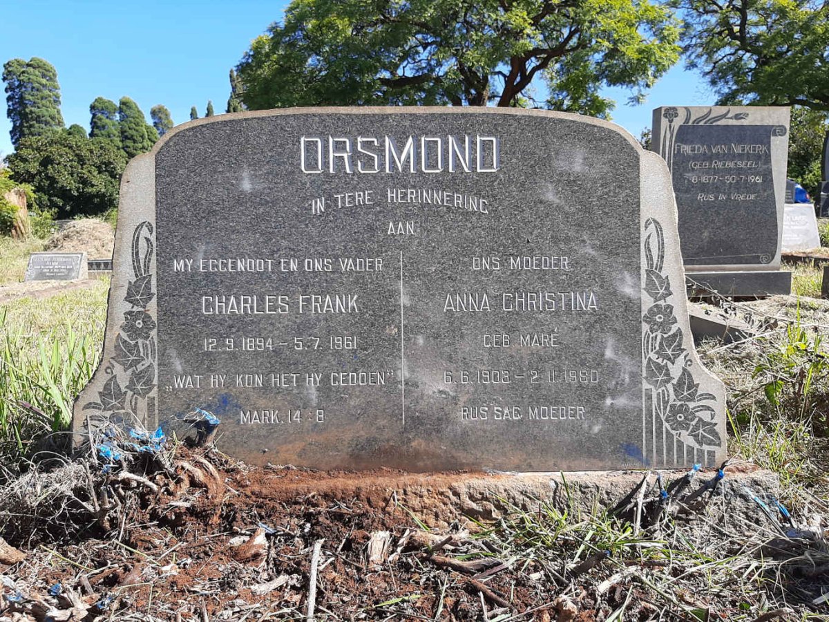 ORSMOND Charles Frank 1894-1961 &amp; Anna Christina MARÉ 1908-1980