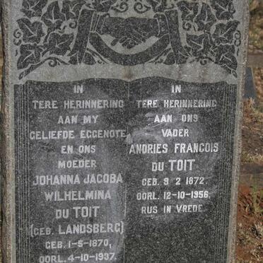 TOIT Andries Francois, du 1872-1956 & Johanna Jacoba Wilhelmina LANDSBERG 1870-1937