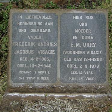 VISAGIE Frederik Andries Jacobus 1885-1946 & E.M. URRY voorheen VISAGIE 1892-1976