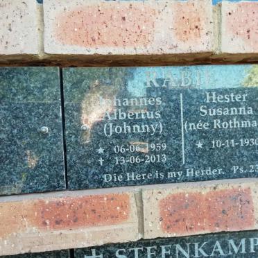 RABIE Johannes Albertus 1959-2013 &amp; Hester Susanna ROTHMAN 1930-