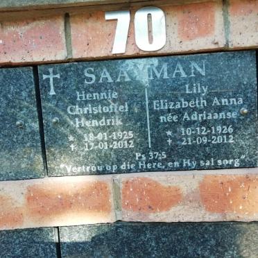 SAAYMAN Hennie Christoffel Hendrik 1925-2012 &amp; Lily Elizabeth Anna ADRIAANSE 1926-2012