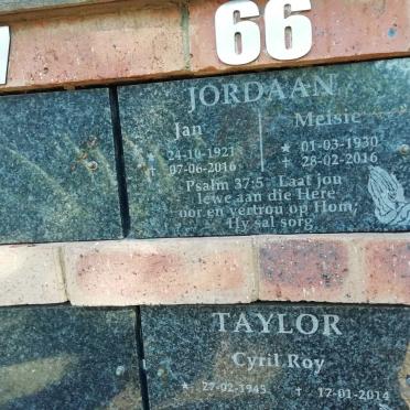 JORDAAN Jan 1921-2016 &amp; Meisie 1930-2016 :: TAYLOR Cyril Roy 1945-2014