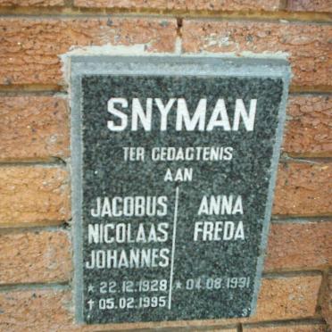 SNYMAN Jacobus Nicolaas Johannes 1928-1995 &amp; Anna Freda 1931-