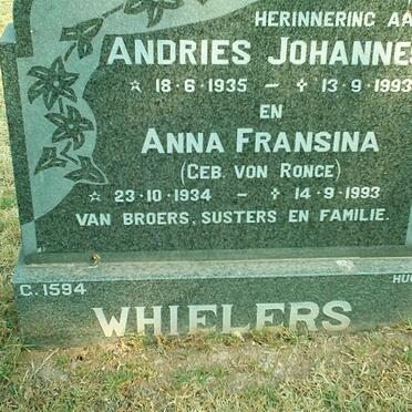 WHIELERS Andries Johannes 1935-1993 &amp; Anna Fransina VON RONGE 1934-1993