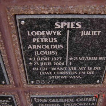 SPIES Lodewyk Petrus Arnoldus 1927-2006 &amp; Juliet 1932-