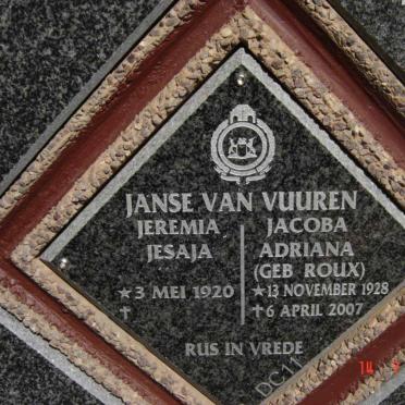 VUUREN Jeremia Jesaja, Janse van 1920- &amp; Jacoba Adrian ROUX 1928-2007