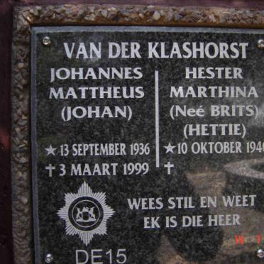 KLASHORST Johannes Mattheus, van der 1936-1999 &amp; Hester Marthina BRITS 1940-