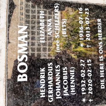 BOSMAN Hendrik Gerhardus Johannes Jacobus 1932-2020 &amp; Elizabeth Anna SCHEEPERS 1936-2013