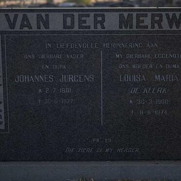 MERWE Johannes Jurgens, van der 1901-1977 &amp; Louisa Maria DE KLERK 1908-1974