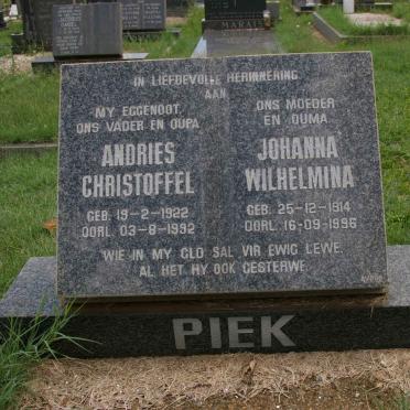 PIEK Andries Christoffel 1922-1992 &amp; Johanna Wilhelmina 1914-1996