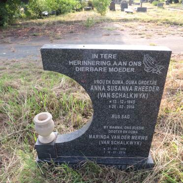 RHEEDER Anna Susanna nee VAN SCHALKWYK 1945-2014 :: VAN DER MERWE Marinda nee VAN SCHALKWYK 1970-2014