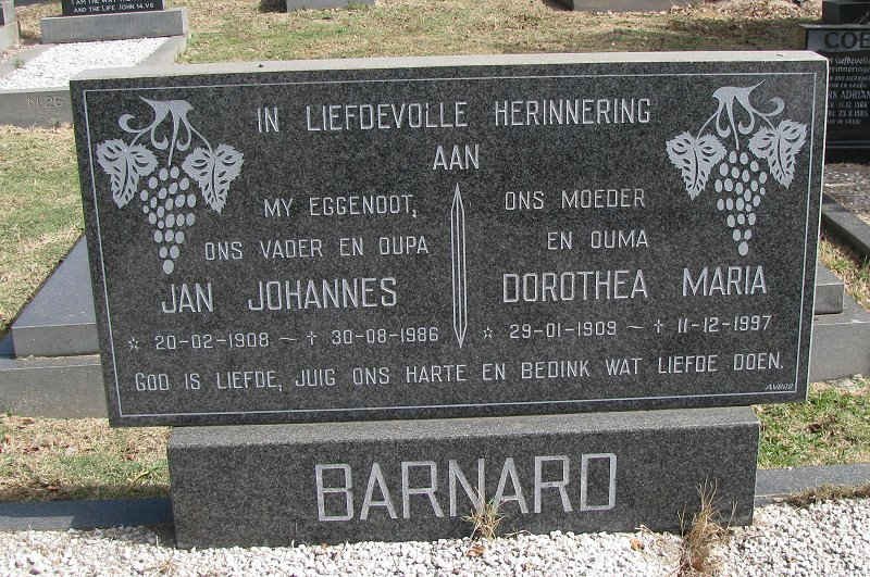 BARNARD Jan Johannes 1908-1986 &amp; Dorothea Maria 1909-1997