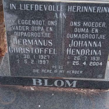 BLOM Hermanus Christoffel 1927-1997 &amp; Johanna Hendrina 1931-2004
