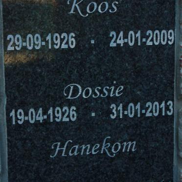 HANEKOM Koos 1926-2009 &amp; Dossie 1926-2013