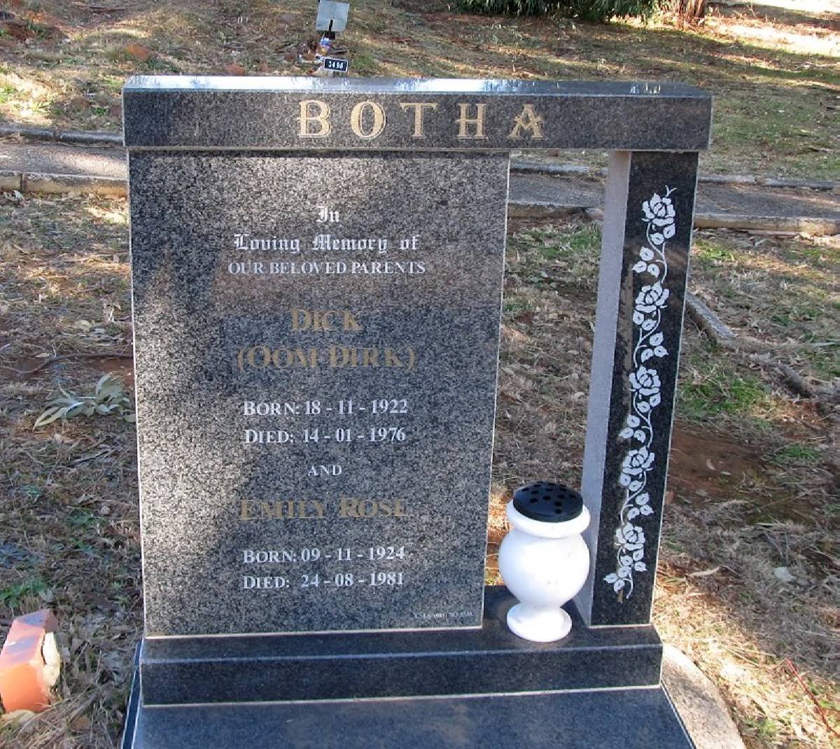 BOTHA Dick 1922-1976 & Emily Rose 1924-1981