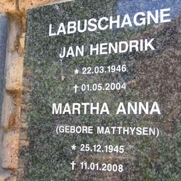 LABUSCHAGNE Jan Hendrik 1946-2004 &amp; Martha Anna MATTHYSEN 1945-2008