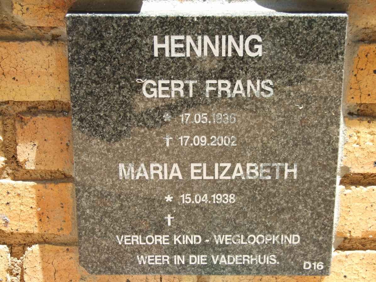 HENNING Gert Frans 1936-2002 &amp; Maria Elizabeth 1938-