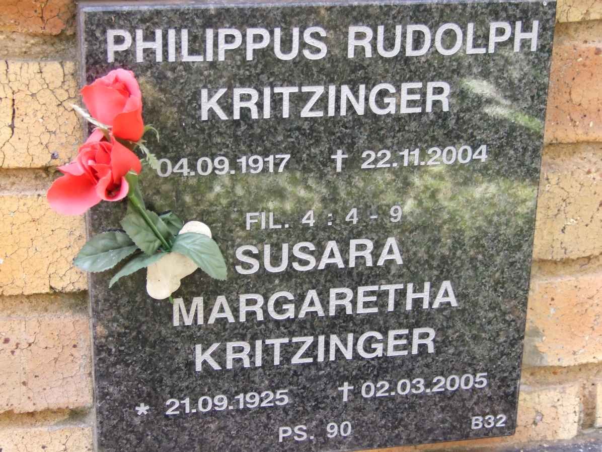 KRITZINGER Philippus Rudolph 1917-2004 &amp; Susara Margaretha 1925-2005