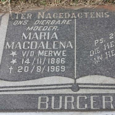BURGER Maria Magdalena nee V.D. MERWE 1886-1969