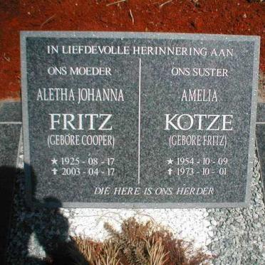 FRITZ Aletha Johanna nee COOPER 1925-2003 :: KOTZE Amelia nee FRITZ 1954-1973