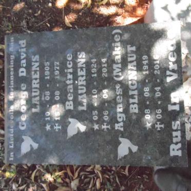 LAURENS George David 1905-1977 &amp; Beatrice 1924-2014 :: BLIGNAUT Agnes 1949-2016