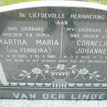 LINDE Cornelius Johannes, van der 1933-1990 &amp; Martha Maria FERREIRA 1935-2001