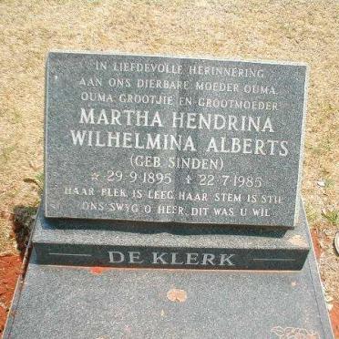 KLERK Martha Hendrina Wilhelmina Alberts, de nee  SINDEN 1895-1985