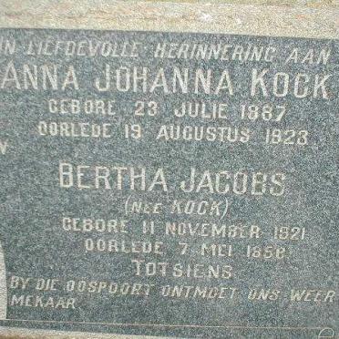 KOCK Anna Johanna 1887-1923 :: JACOBS Bertha nee KOCK 1921-1958