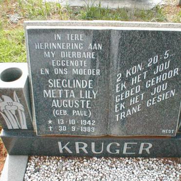 KRUGER Sieglinde Metta Lily Auguste nee PAUL 1942-1989