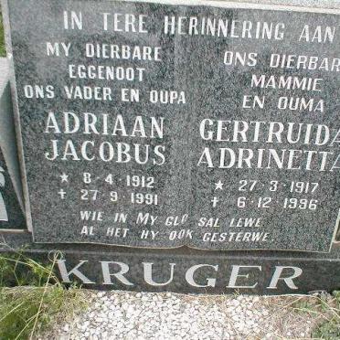 KRUGER Adriaan Jacobus 1912-1991 &amp; Gertruida Adrinetta 1917-1996