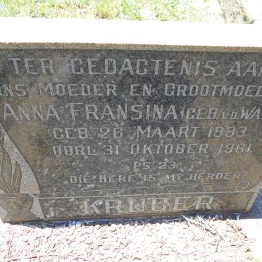 KRUGER Anna Fransina nee V.D. WALT 1883-1961