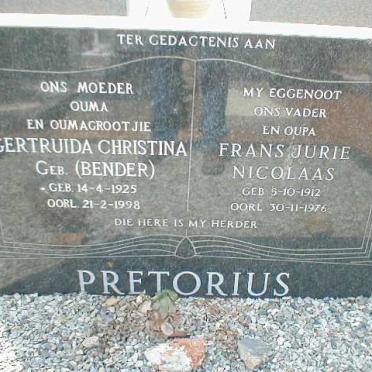 PRETORIUS Frans Jurie Nicolaas 1912-1976 &amp; Gertruida Christina BENDER 1925-1998