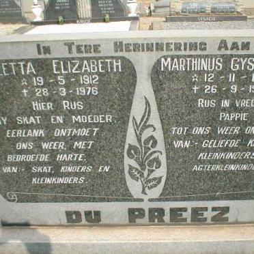 PREEZ Marthinus Gysbertus, du 1914-1965 &amp; Aletta Elizabeth 1912-1976